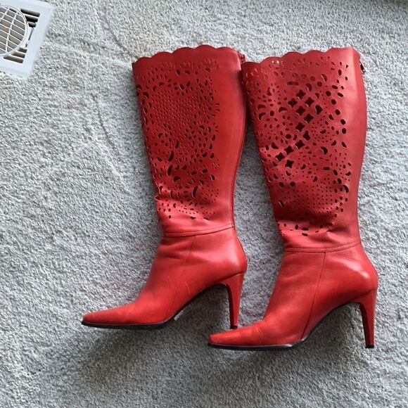 Red leather laser cut lace high boots 4”heel 6.5 Bellini fabulous color sexy - Picture 8 of 13